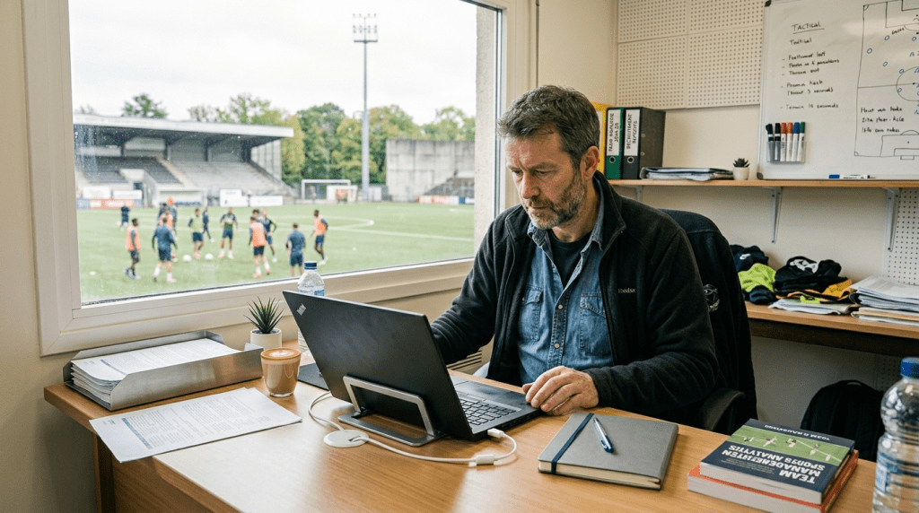 Sportski analitičar pregledava performanse momčadi na laptopu u uredu s pogledom na trening teren