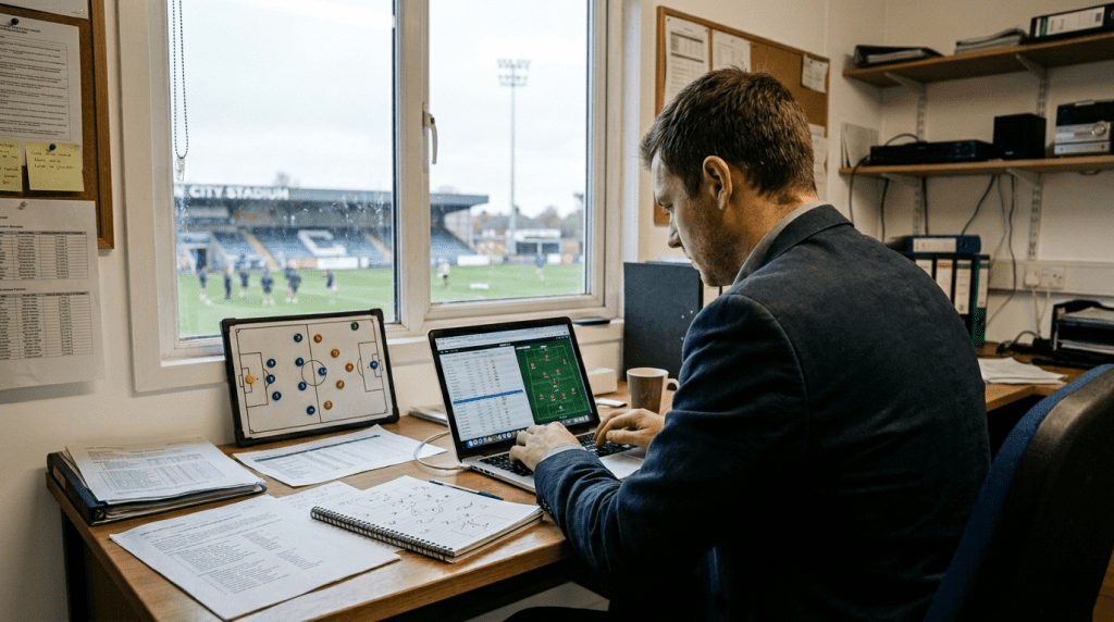Sportski analitičar radi na taktičkoj analizi u uredu s pogledom na stadion